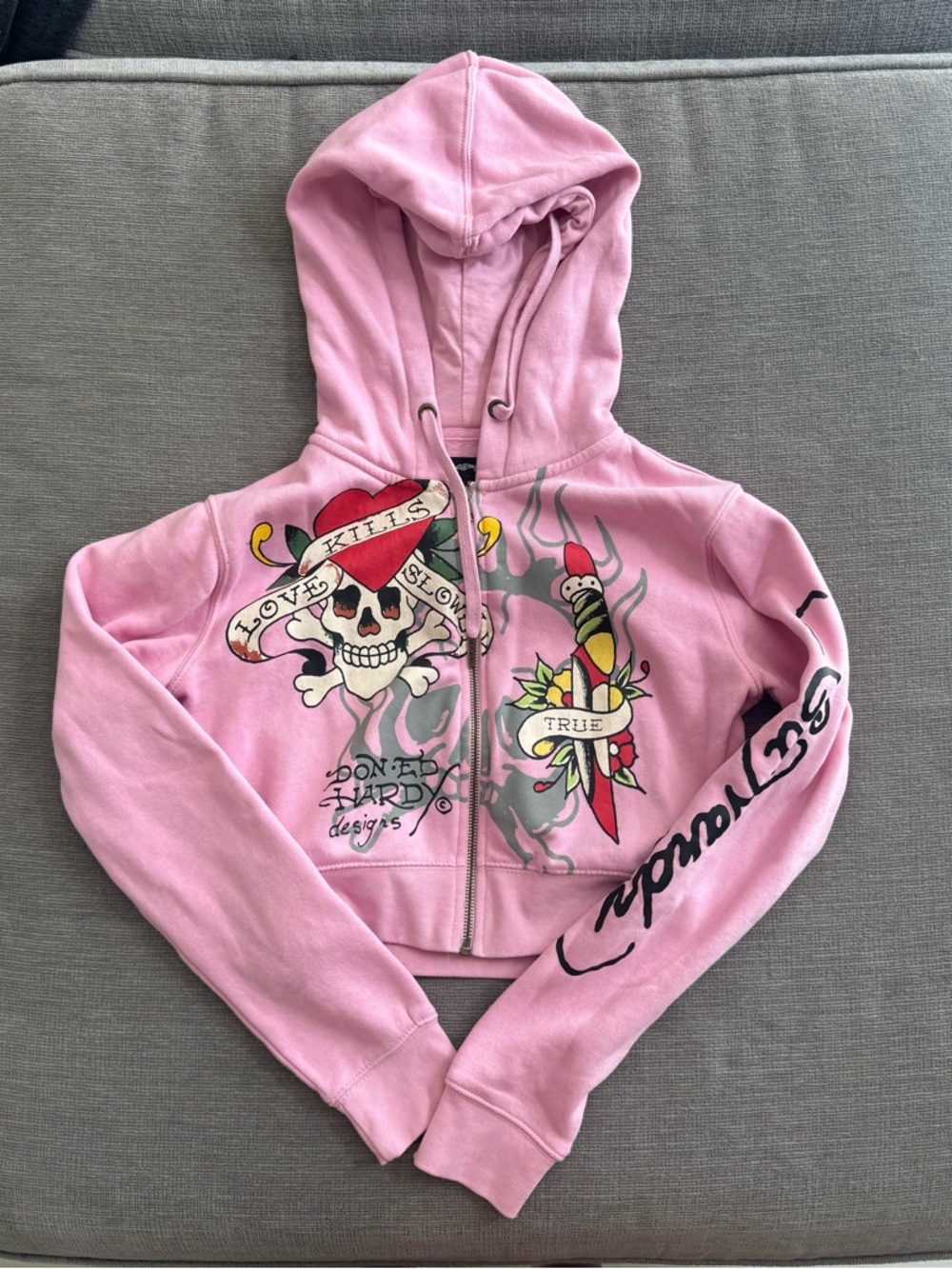 Ed Hardy Pink Love Kills Slowly Graphic Cropped Zip Hoodie